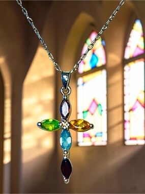 925 Sterling Silver Multi-Gemstone Marquise Cross Pendant Necklace - 20"